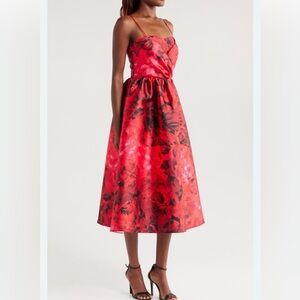 NWT JULIA JORDAN Red Multi Monroe Twill Floral A-line Midi Dress